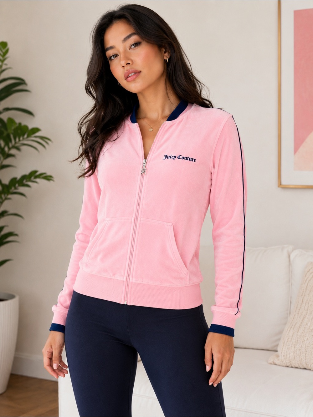 Juicy Couture Pink Velour Bomber Jacket with Navy Trim Size Large